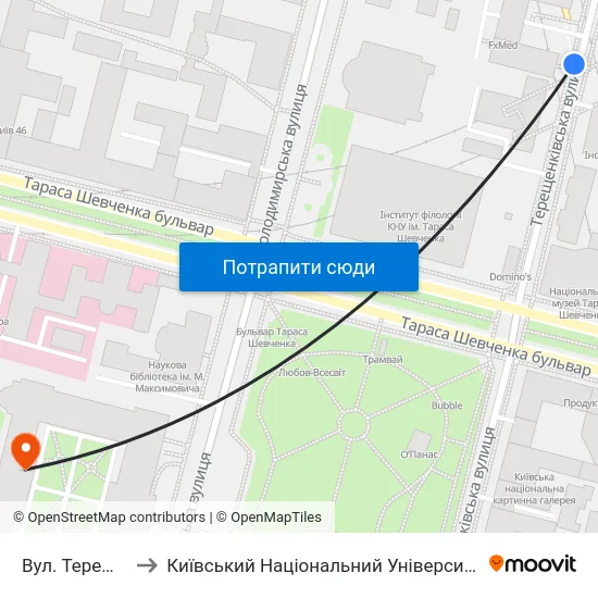 Вул. Терещенківська to Київський Національний Університет Імені Тараса Шевченка map