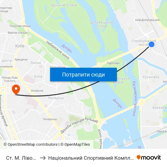 Ст. М. Лівобережна to Національний Спортивний Комплекс «Олімпійський» map