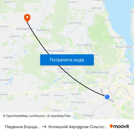 Південна Борщагівка to Колишній Аеродром Сільгоспавіації map