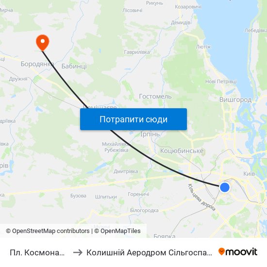 Пл. Космонавтів to Колишній Аеродром Сільгоспавіації map