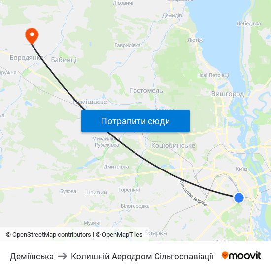 Деміївська to Колишній Аеродром Сільгоспавіації map