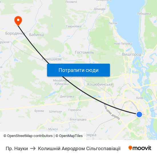 Пр. Науки to Колишній Аеродром Сільгоспавіації map