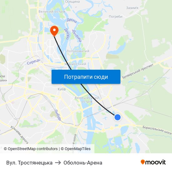 Вул. Тростянецька to Оболонь-Арена map