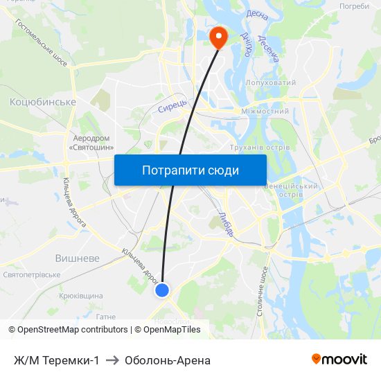 Ж/М Теремки-1 to Оболонь-Арена map