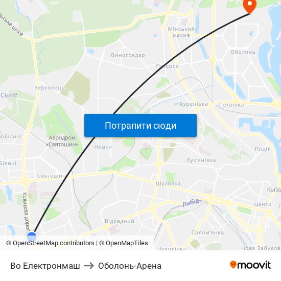Во Електронмаш to Оболонь-Арена map