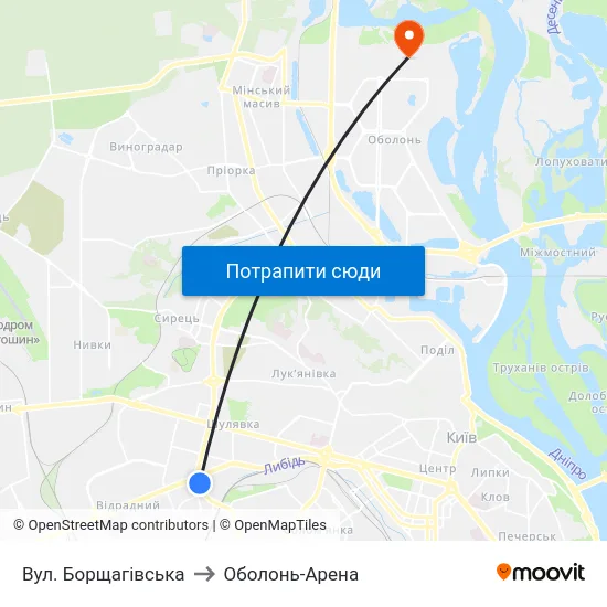 Вул. Борщагівська to Оболонь-Арена map
