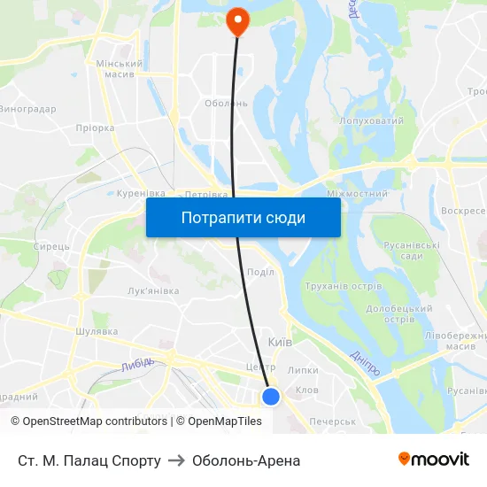 Ст. М. Палац Спорту to Оболонь-Арена map