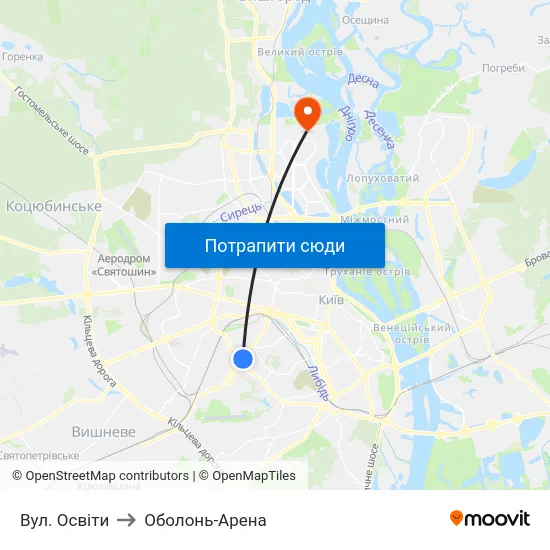 Вул. Освіти to Оболонь-Арена map