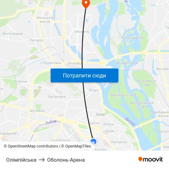 Олімпійська to Оболонь-Арена map