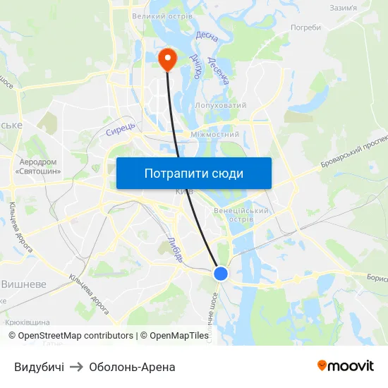 Видубичі to Оболонь-Арена map