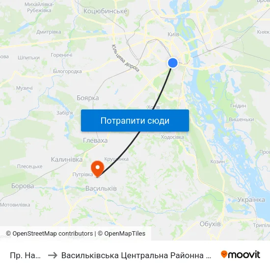 Пр. Науки to Васильківська Центральна Районна Лікарня map