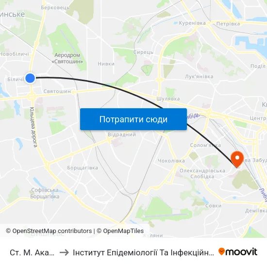 Ст. М. Академмістечко to Інститут Епідеміології Та Інфекційних Хвороб Ім. Л.В. Громашевського map