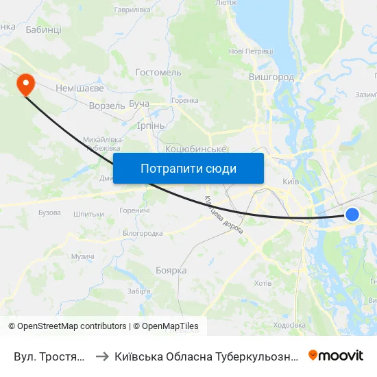 Вул. Тростянецька to Київська Обласна Туберкульозна Лікарня №2 map