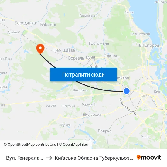 Вул. Генерала Вітрука to Київська Обласна Туберкульозна Лікарня №2 map