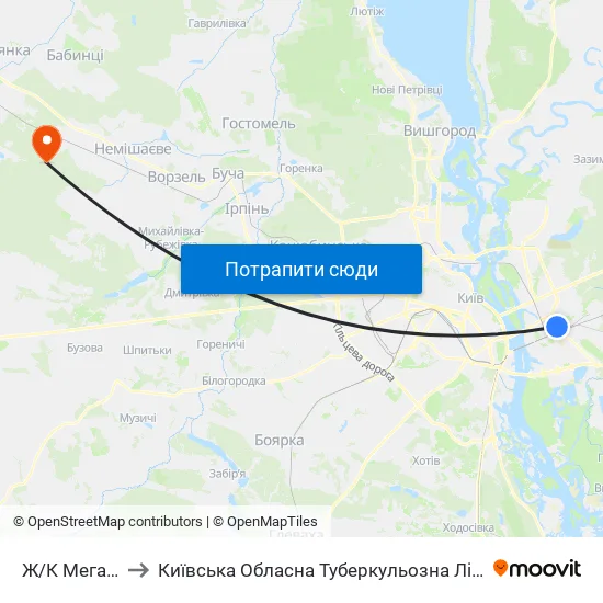 Ж/К Мега-Сiтi to Київська Обласна Туберкульозна Лікарня №2 map