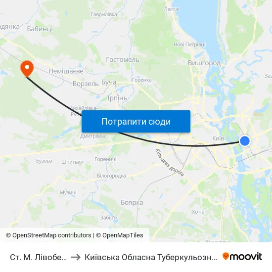 Ст. М. Лівобережна to Київська Обласна Туберкульозна Лікарня №2 map