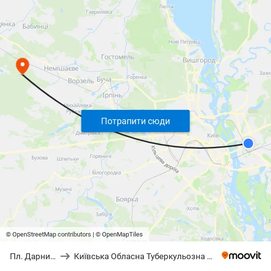 Пл. Дарницька to Київська Обласна Туберкульозна Лікарня №2 map