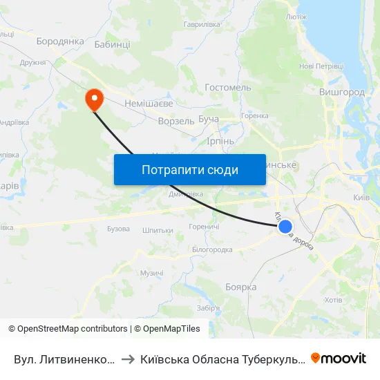 Вул. Литвиненко-Вольгемут to Київська Обласна Туберкульозна Лікарня №2 map