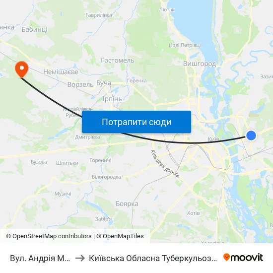 Вул. Андрія Малишка to Київська Обласна Туберкульозна Лікарня №2 map