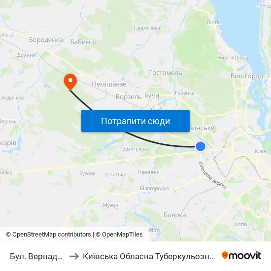 Бул. Вернадського to Київська Обласна Туберкульозна Лікарня №2 map