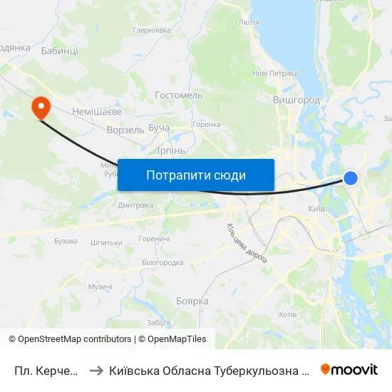 Пл. Керченська to Київська Обласна Туберкульозна Лікарня №2 map