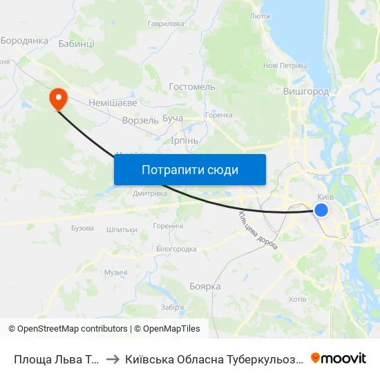 Площа Льва Толстого to Київська Обласна Туберкульозна Лікарня №2 map