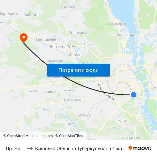 Пр. Науки to Київська Обласна Туберкульозна Лікарня №2 map