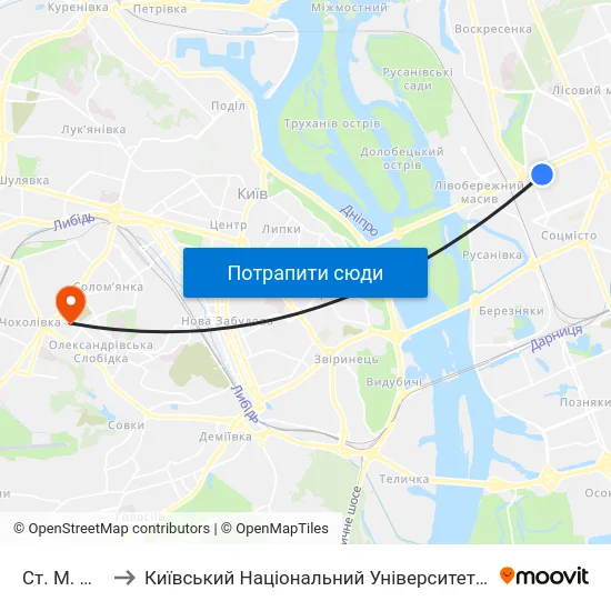Ст. М. Дарниця to Київський Національний Університет Будівництва І Архітектури map