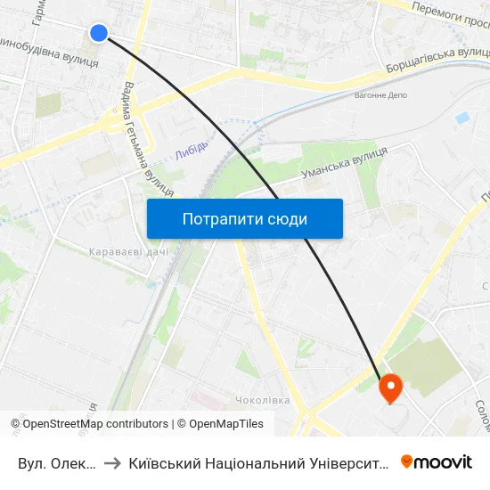 Вул. Олекси Тихого to Київський Національний Університет Будівництва І Архітектури map