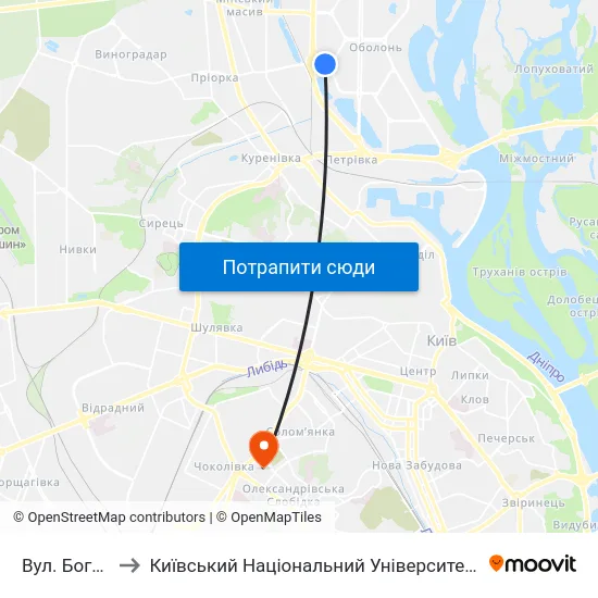 Вул. Богатирська to Київський Національний Університет Будівництва І Архітектури map