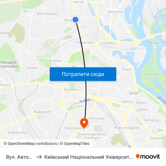 Вул. Автозаводська to Київський Національний Університет Будівництва І Архітектури map