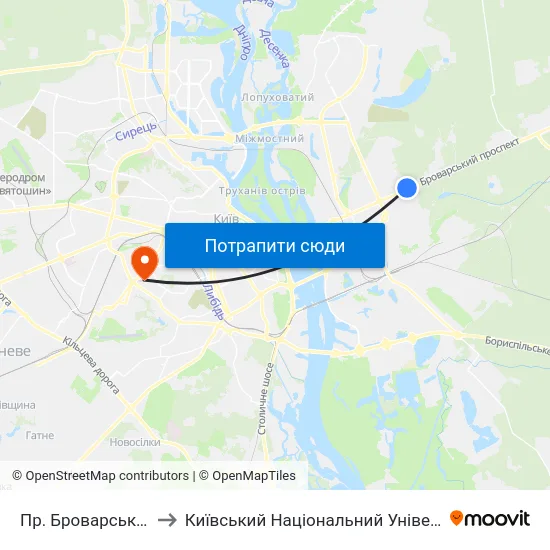 Пр. Броварський (Ст. М. Лісова) to Київський Національний Університет Будівництва І Архітектури map