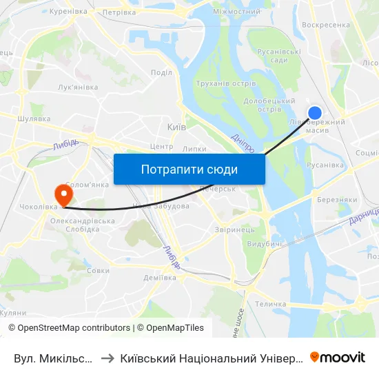 Вул. Микільсько-Слобідська to Київський Національний Університет Будівництва І Архітектури map