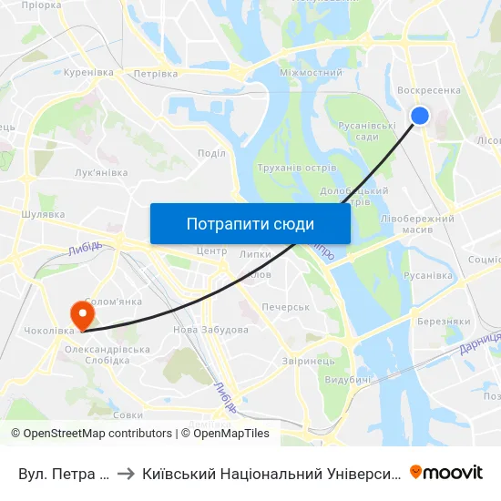 Вул. Петра Запорожця to Київський Національний Університет Будівництва І Архітектури map