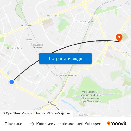 Південна Борщагівка to Київський Національний Університет Будівництва І Архітектури map