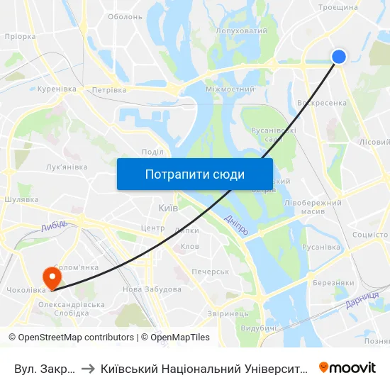 Вул. Закревського to Київський Національний Університет Будівництва І Архітектури map
