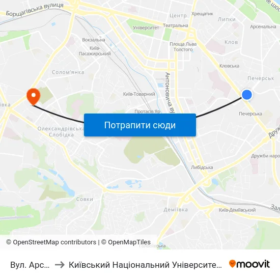 Вул. Арсенальна to Київський Національний Університет Будівництва І Архітектури map