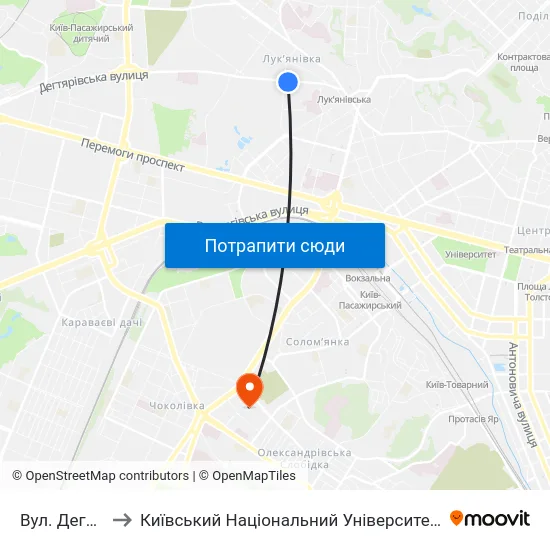 Вул. Дегтярівська to Київський Національний Університет Будівництва І Архітектури map