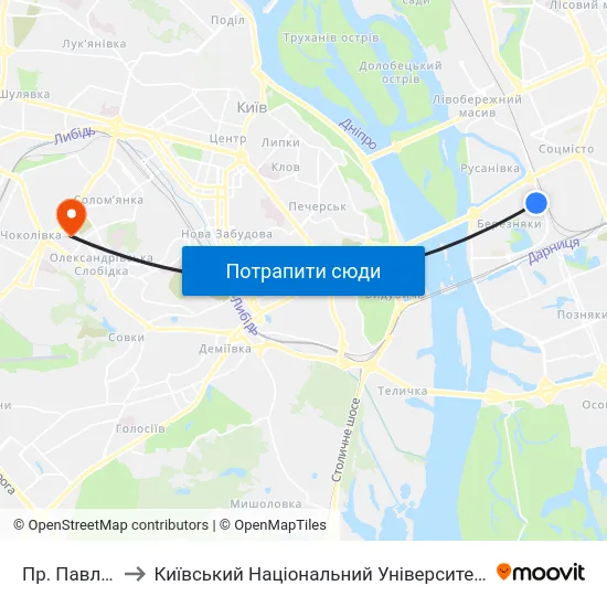 Пр. Павла Тичини to Київський Національний Університет Будівництва І Архітектури map