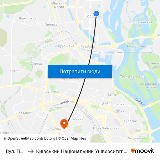 Вул. Прирічна to Київський Національний Університет Будівництва І Архітектури map