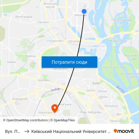 Вул. Прирічна to Київський Національний Університет Будівництва І Архітектури map