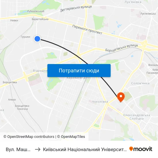 Вул. Машинобудівна to Київський Національний Університет Будівництва І Архітектури map