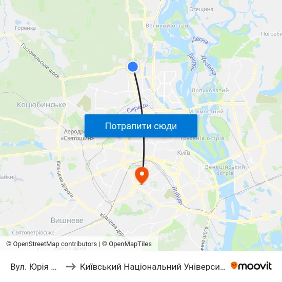 Вул. Юрія Кондратюка to Київський Національний Університет Будівництва І Архітектури map