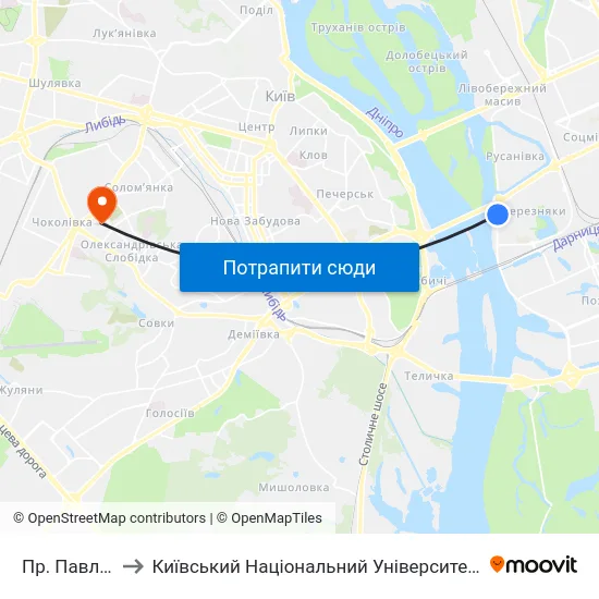 Пр. Павла Тичини to Київський Національний Університет Будівництва І Архітектури map