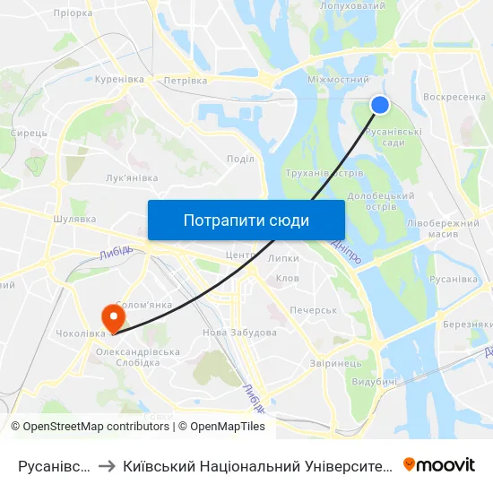 Русанівські Сади to Київський Національний Університет Будівництва І Архітектури map