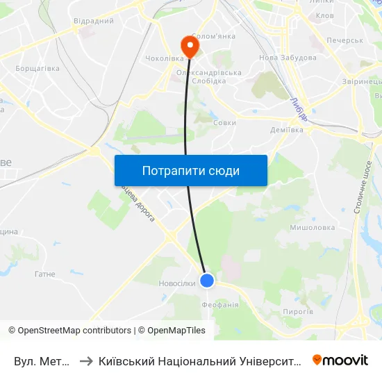 Вул. Метрологічна to Київський Національний Університет Будівництва І Архітектури map