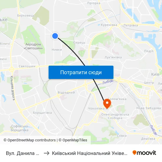 Вул. Данила Щербаківського to Київський Національний Університет Будівництва І Архітектури map