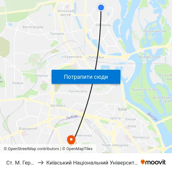 Ст. М. Героїв Дніпра to Київський Національний Університет Будівництва І Архітектури map