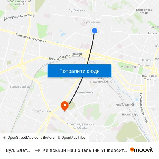 Вул. Златоустівська to Київський Національний Університет Будівництва І Архітектури map
