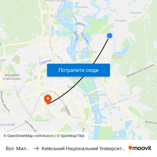 Вул. Милославська to Київський Національний Університет Будівництва І Архітектури map